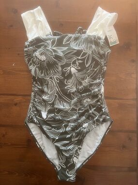 Floral Olive Green One-Piece Swimsuit with White Straps